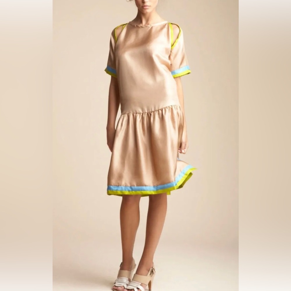 NEW CYNTHIA ROWLEY DROP WAIST "SILK SCARF" SPLIT BACK DRESS-CAMEL-10